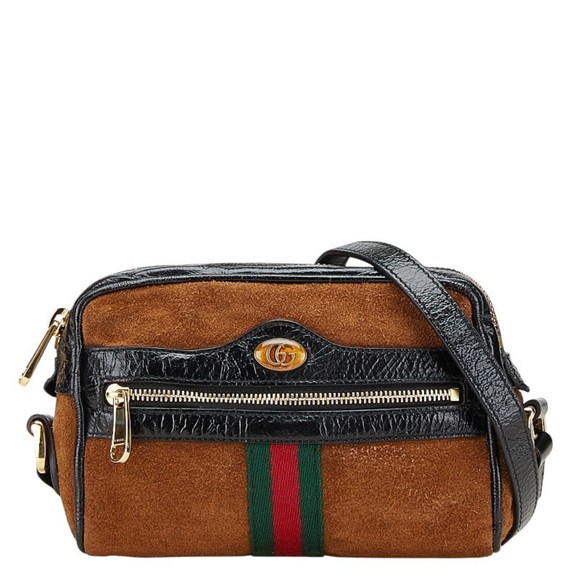Gucci Shelly Ophidia Shoulder Bag 573321 Brown Black Suede Enamel Women's GUCCI - Picture 1 of 8